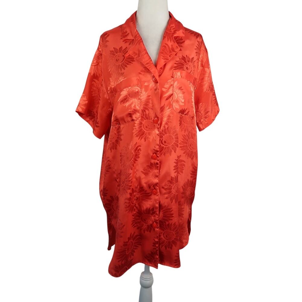 Vintage 90s Victoria's Secret Red Floral Satin Pajama Shirt Dress S